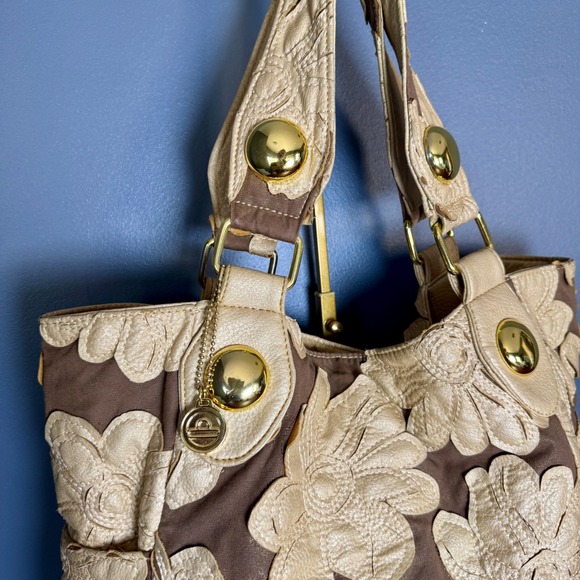 Big Buddha Santa Barbara Floral Applique Shoulder Bag‎ Tote Bag Gold Accents - Picture 3 of 16